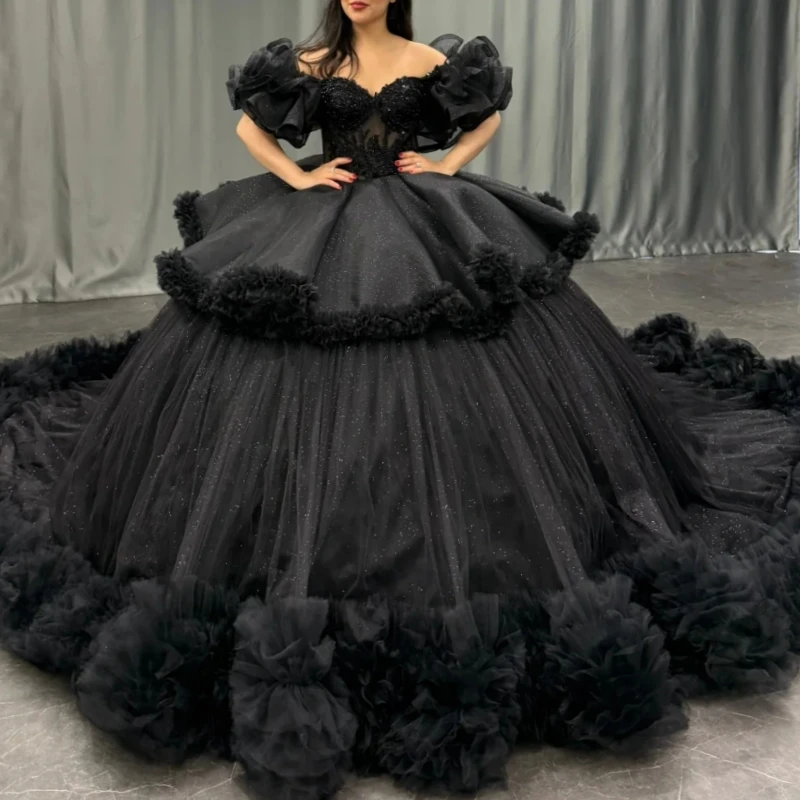 Black Quinceanera Dresses Off Shoulder Ball Gown Sweet 16 Dress Beading Tiered Tull Birthday Party Vestidos 15 De Anos