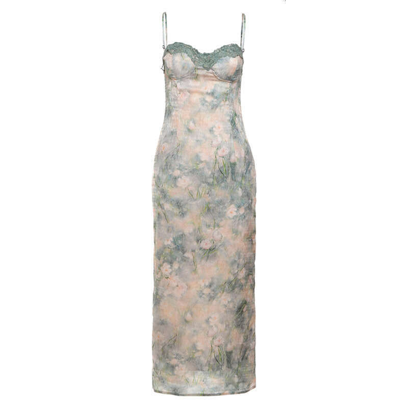 2024 Spring New Women's Solid Color Slim High Waist Fashion Strap Printed Split Dress 44c