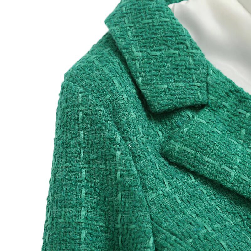 Women's Spring Autumn Fashion Double Breasted Tweed Plaid Blazer Coat Retro Long Sleeve Pocket Jacket