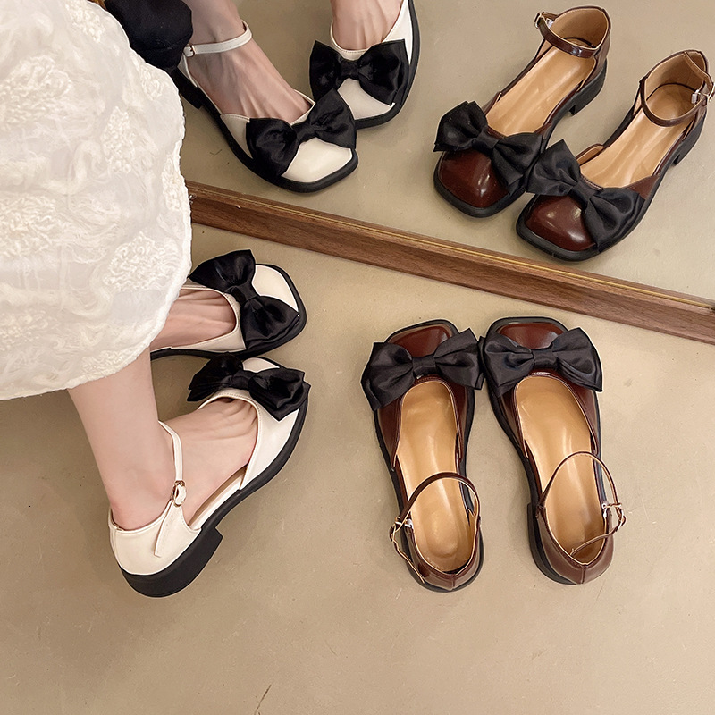 Ddmysports Women S Peep Toe Sandals Summer New Fairy Style Bowknot French Low Heel Square Mary Jane Shoes Outdoor Shoes