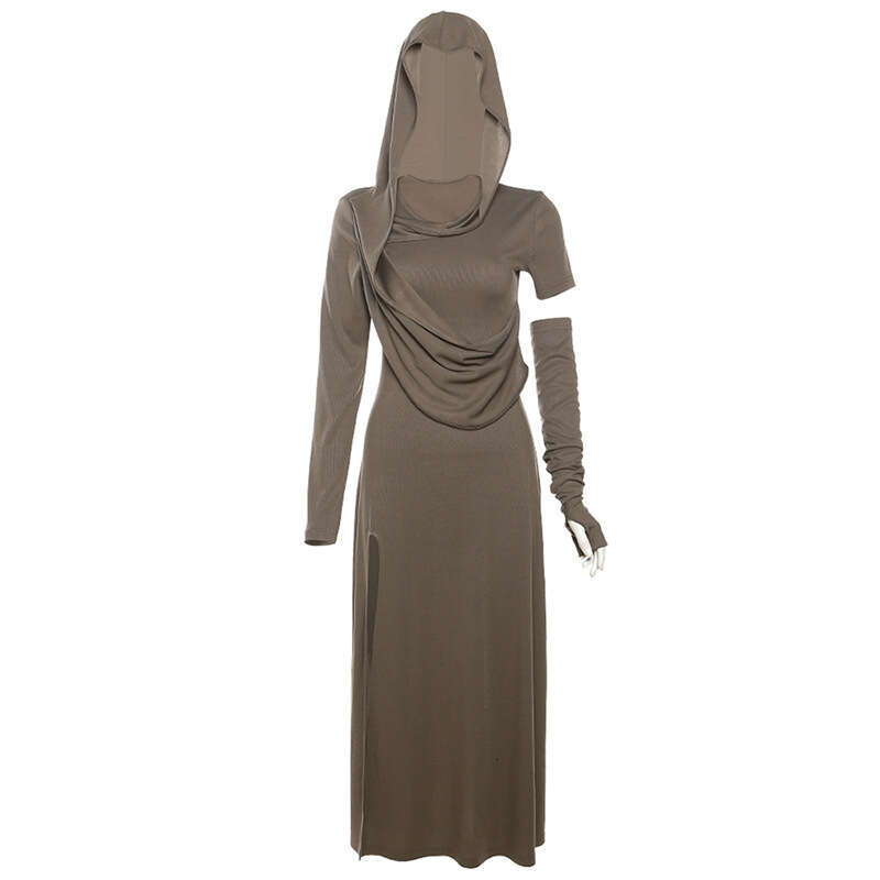 2023 Autumn New Women's Solid Color Slim High Waist Fashion Hooded Long Sleeve Split Dress a4e