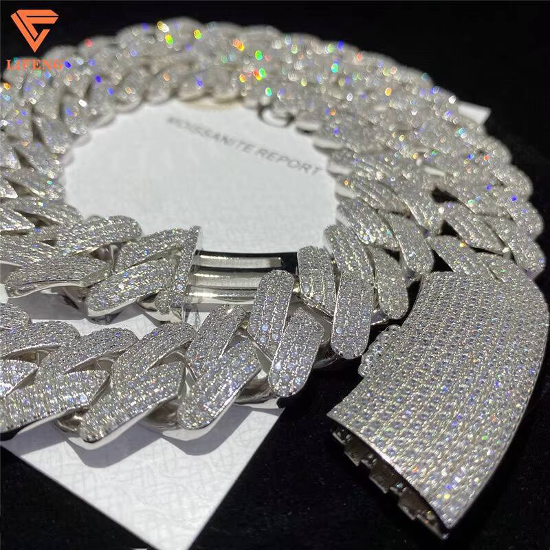 Full Iced out D Color VVS Moissanite Cuban Link Chain Necklace 925 Silver Hip Hop with Gold Plating Bling round Diamond