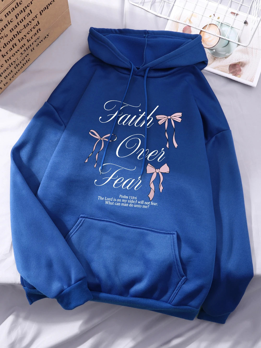 Pink Bow Faith Over Fear Printing Hoodie Winter Fleece Warm Hooded Fashion Pocket Tops Comfortable Loose Woman Clothes 250725