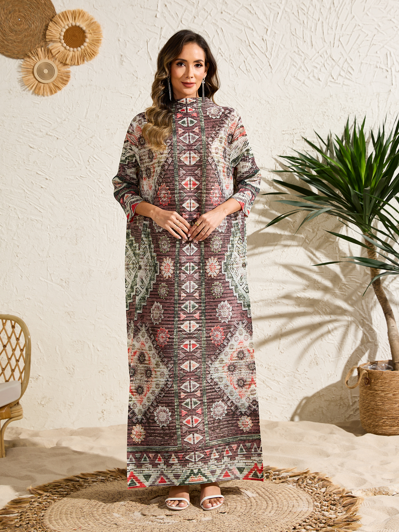Ethnic Clothing Dress Arab Style Women's Loose-Fit Long-Sleeve Dress with Print NZ016