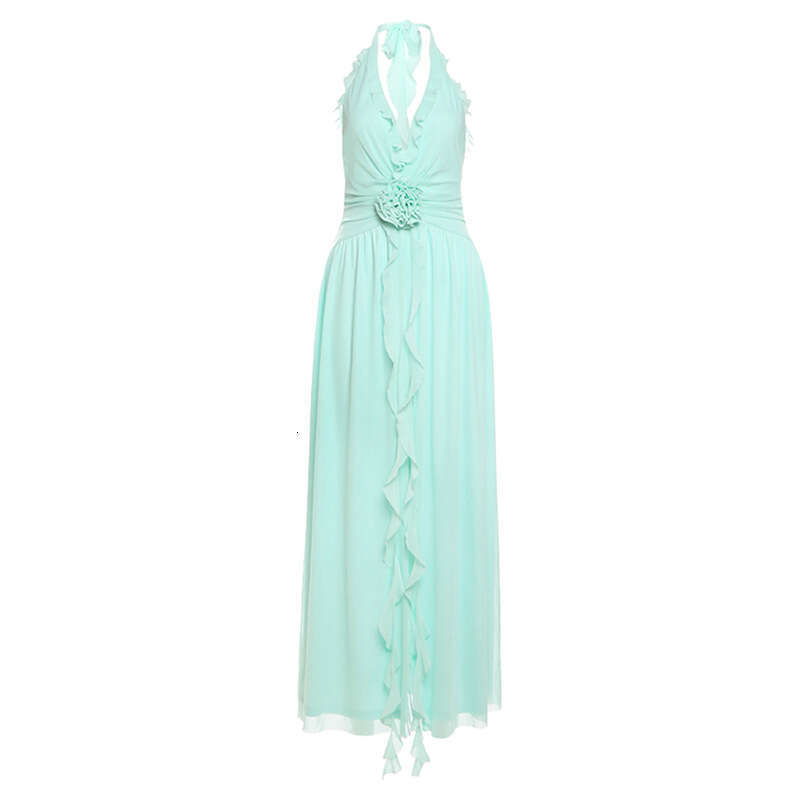 2025 Summer New Sexy Printed Slit Sleeveless Waist-Cinching Slimming Halter Deep V Dress for Women c14