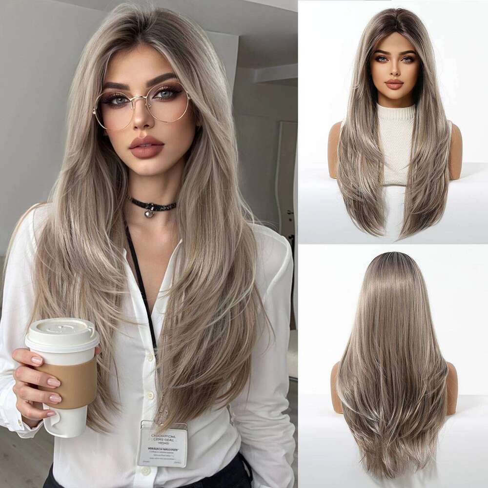Allbell Magique Ombre Blonde Natural Synthetic For Women Daily Party Long Straight Layered Brown Hair Wigs Heat Resistant