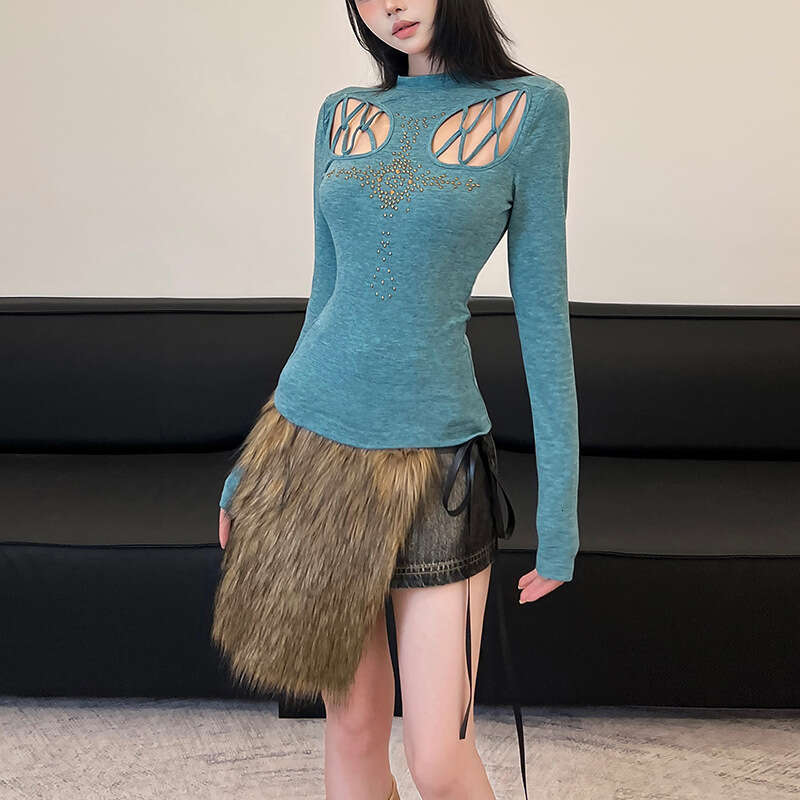 2024 Autumn New Women's Solid Color Slim Street Fashion Round Neck Long Sleeve Hollow Out Top edf