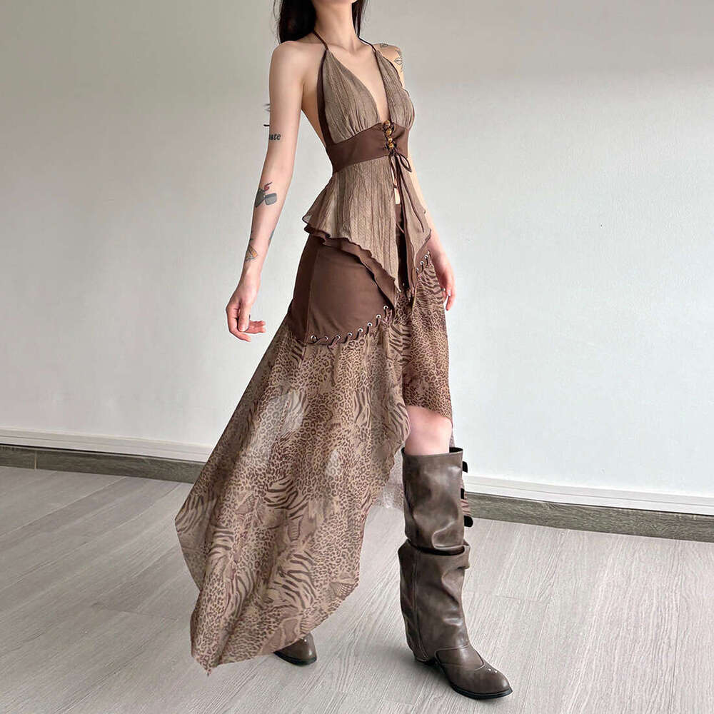 2025 New Summer Hollow Out Halter Neck Backless Slim Top Irregular High Waist Fashion Half Skirt 561
