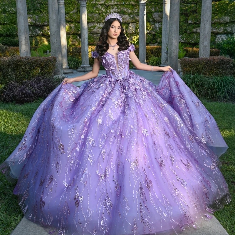 Lavender Shiny Quinceanera Dresses Off Shoulder Ball Gown Sweet 16 Dress Sequin Applique Flower Beads Tull Birthday Party Vestidos 15 Anos