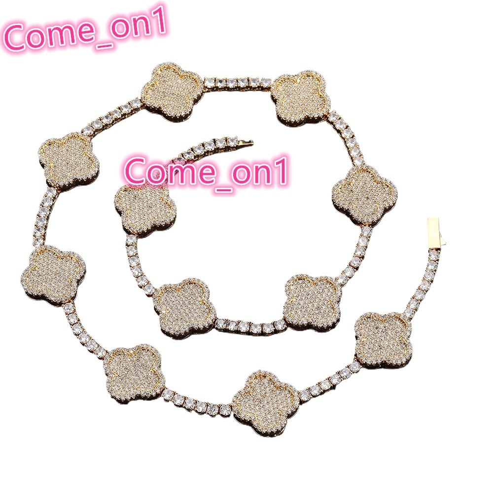 New Style Gold Silver Micro Pave Shiny Zircon Tennis Chain for Women Iced Out Diamond Four-leaf Clover Tennis Chain Necklace