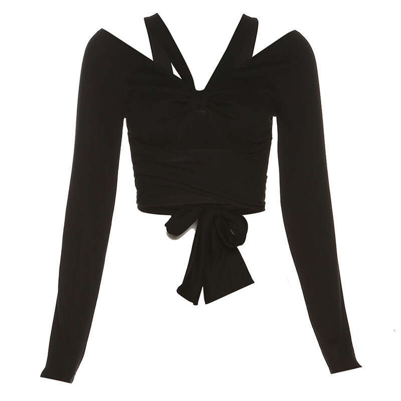 2023 Summer New Women's Solid Color Slim Fit Crop Top Street Fashion V-Neck Long Sleeve T-Shirt 80f