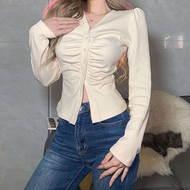 INS Women's Fashion 2022 Spring New Solid Color Slim Fit Ruched Single-Breasted Cropped Long Sleeve T-Shirt for Women 655
