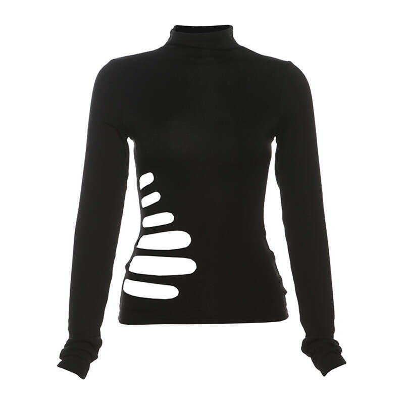 2024 Autumn New Women's Fashion Solid Color Slim Street Style Round Neck Long Sleeve Hollow Out Top e72