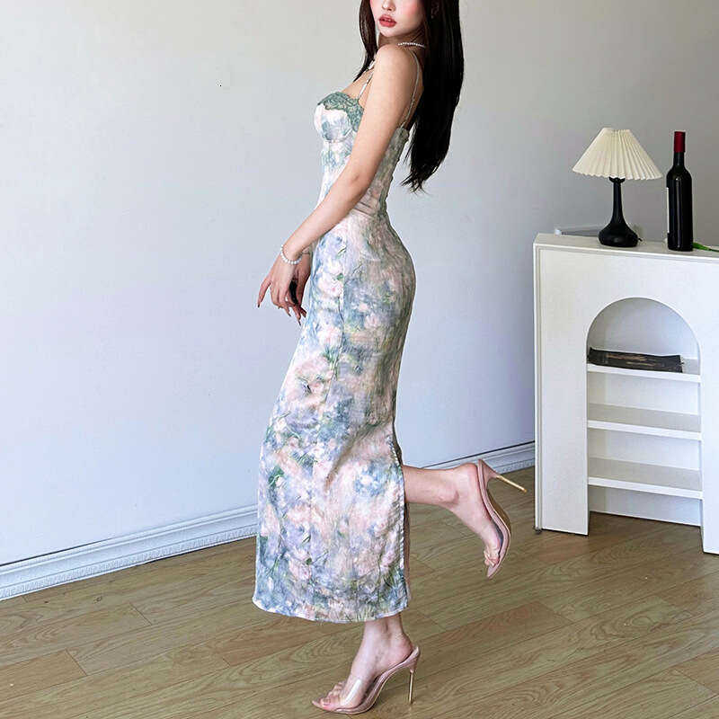 2024 Spring New Women's Solid Color Slim High Waist Fashion Strap Printed Split Dress 44c