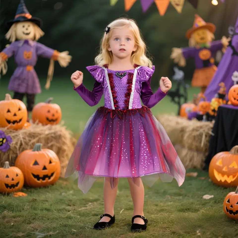 Halloween Costume For Kids Fantasy Vampire Witch Costume Girls Sequin Mesh Tutu Dress Kids Carnival Outfit Gothic Dark Dresses Z250725