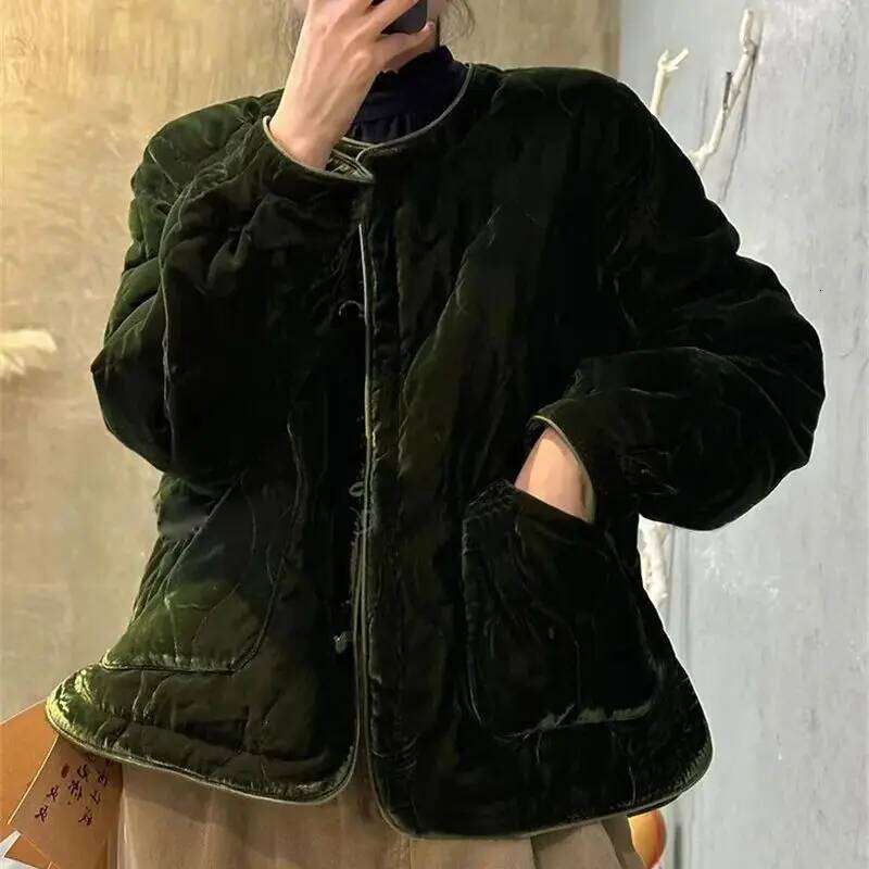 Limiguyue O-Neck Retro Cotton Jacket Women Casual Pocket Green Veet Coat Winter Long Sleeve Loose Warm Clothing Versatile F629