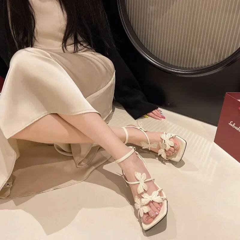 2025Summer Butterfly Women's High Sandals Square Toe Buckle Casual Shoes Elegant Stiletto Heel Ankle Strap Party