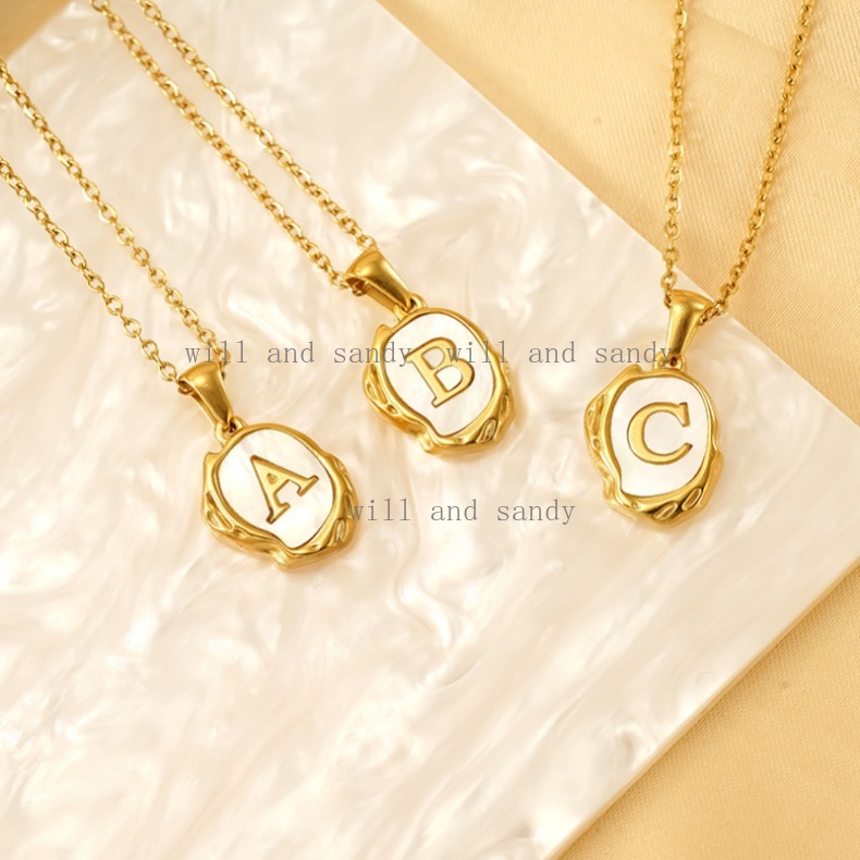 Non Tarnish 18K Gold English Letter Necklace Charm Designer Jewelry Stainless Steel Natural Shell Volcano Alphabet Initial Neckaces Pendant for Women 