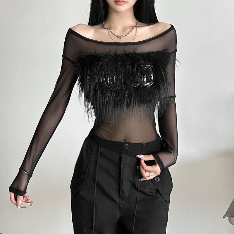 Women's Clothing 2024 Autumn Winter New Solid Color Long Sleeve Off-Shoulder Mesh See-Through Top for Women 68d