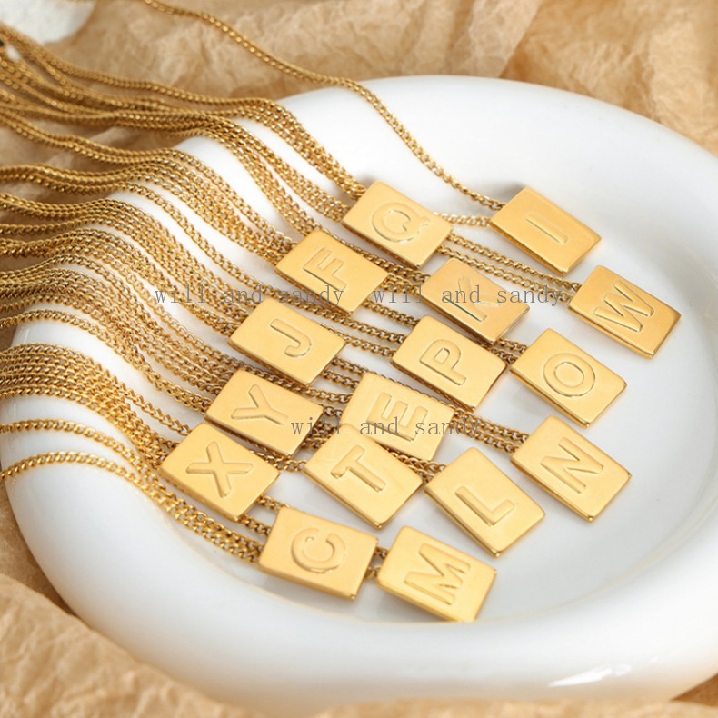 Waterproof 18k Gold Square English Letter Pendant Necklace Designer Jewelry Charm Stainless Steel Chain Alphabet Initial Name Necklaces for Women Fine