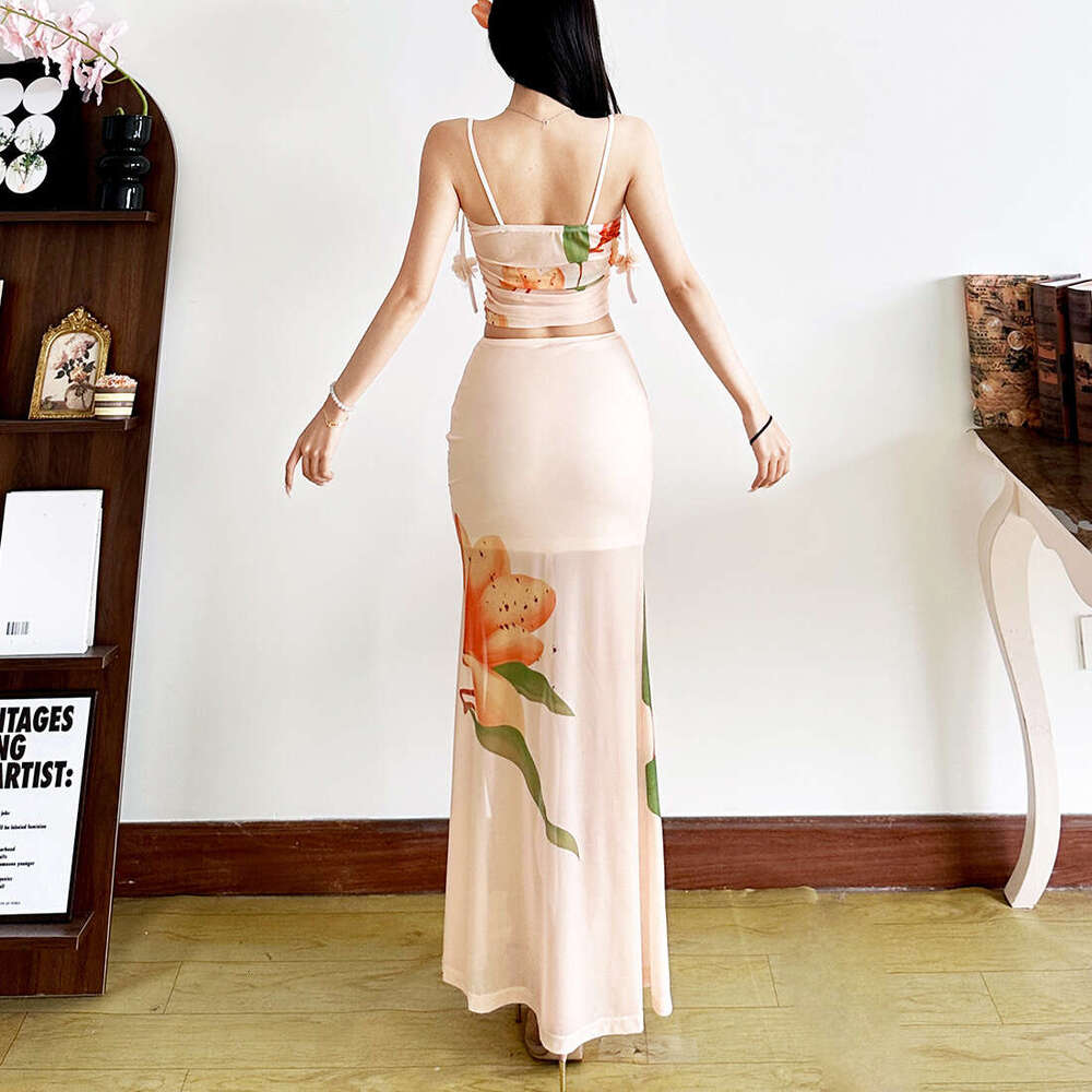 2025 Summer New Pure Desire Design Plant Print Top High Waist Slim Fit Elegant Midi Skirt 7b7