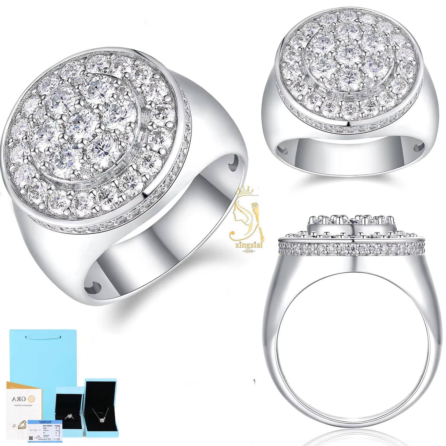 Hot Sell Pass Diamond Test 925 Sterling Silver Iced Out VVS Moissanite Ring for Men Custom HipHop Luxury Moissanite Diamond Ring