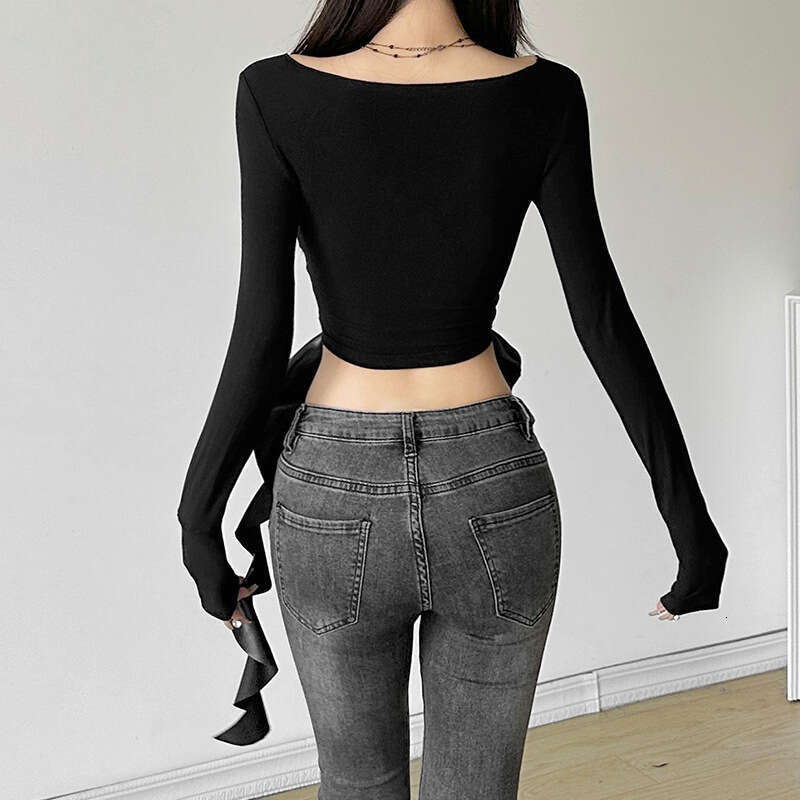 2024 Autumn New Women's Solid Color Slim Fit Crop Street Fashion V-neck Long Sleeve Top 323