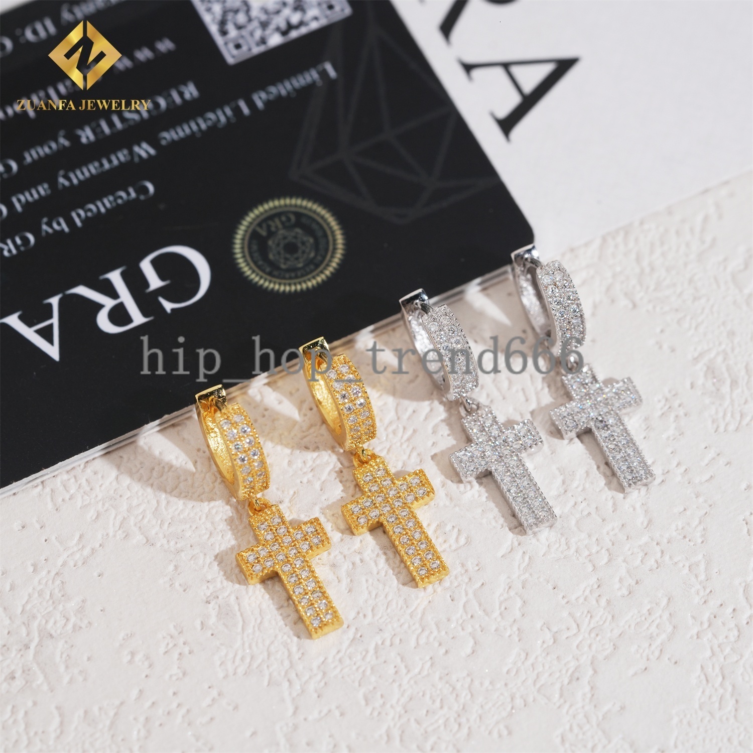 Wholesale Mens Drop Earrings Collection D VVS Moissanite Iced Out Diamond Hiphop Jewelry 925 Silver Cross Hoop Earrings