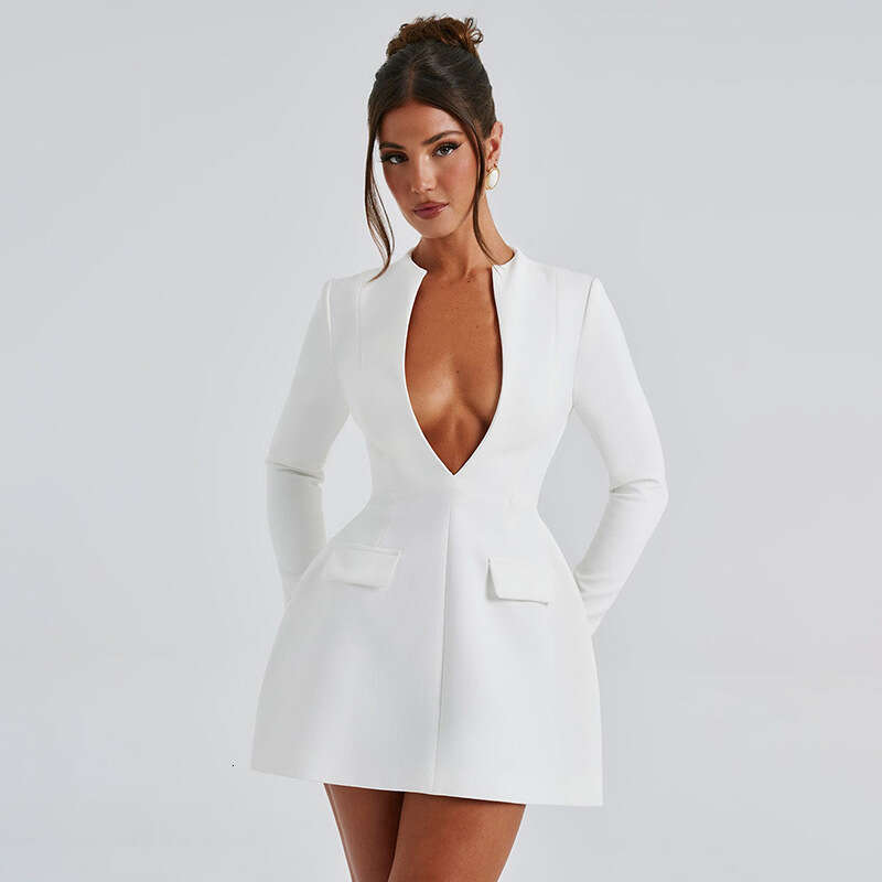 D24ds610 Women's Autumn New Solid Color Deep V-Neck Slit Long Sleeve Bud Dress B5