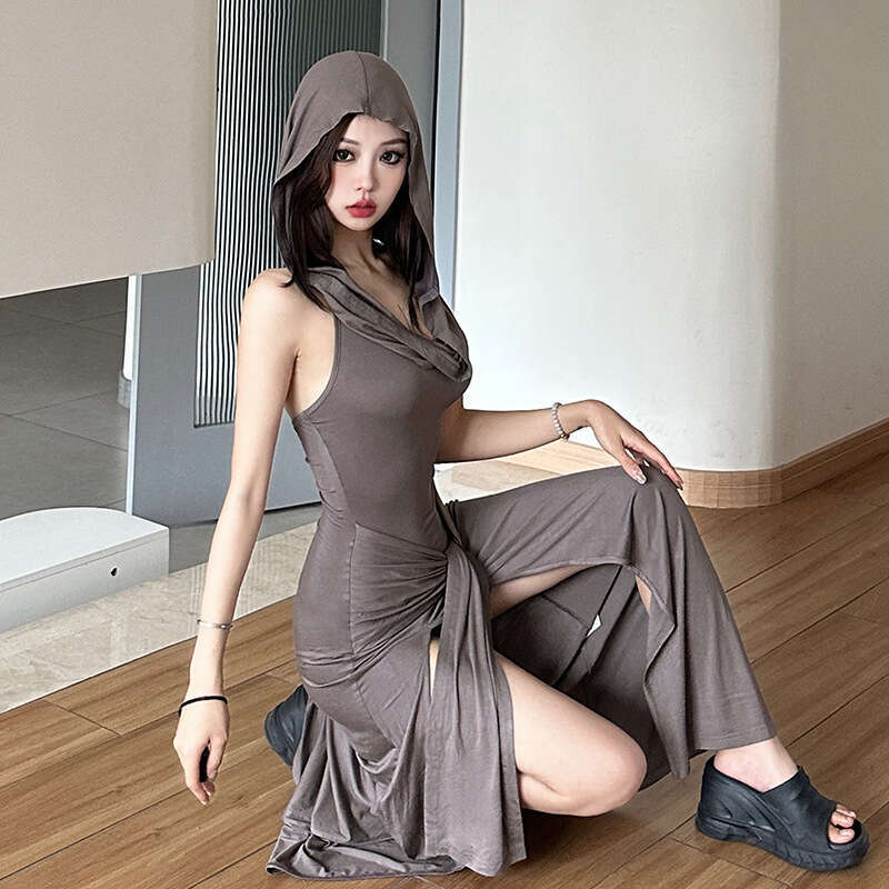 Women's Clothing 2024 Summer New Solid Color Sexy Hooded Sleeveless High Waist Long Dress e53