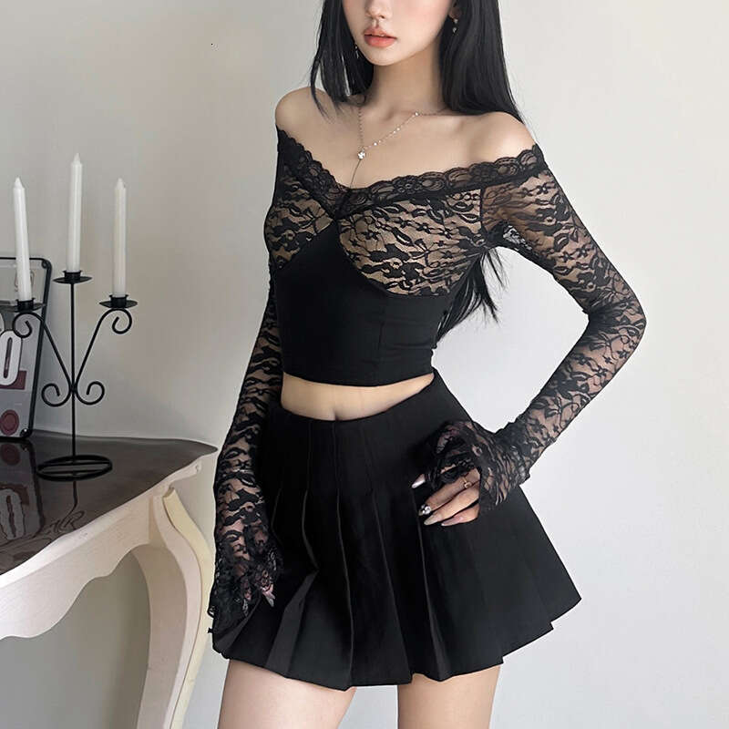 2024 Autumn New Women's Solid Color Slim Fit Fashion V-neck Long Sleeve Lace Patchwork Top 5c8
