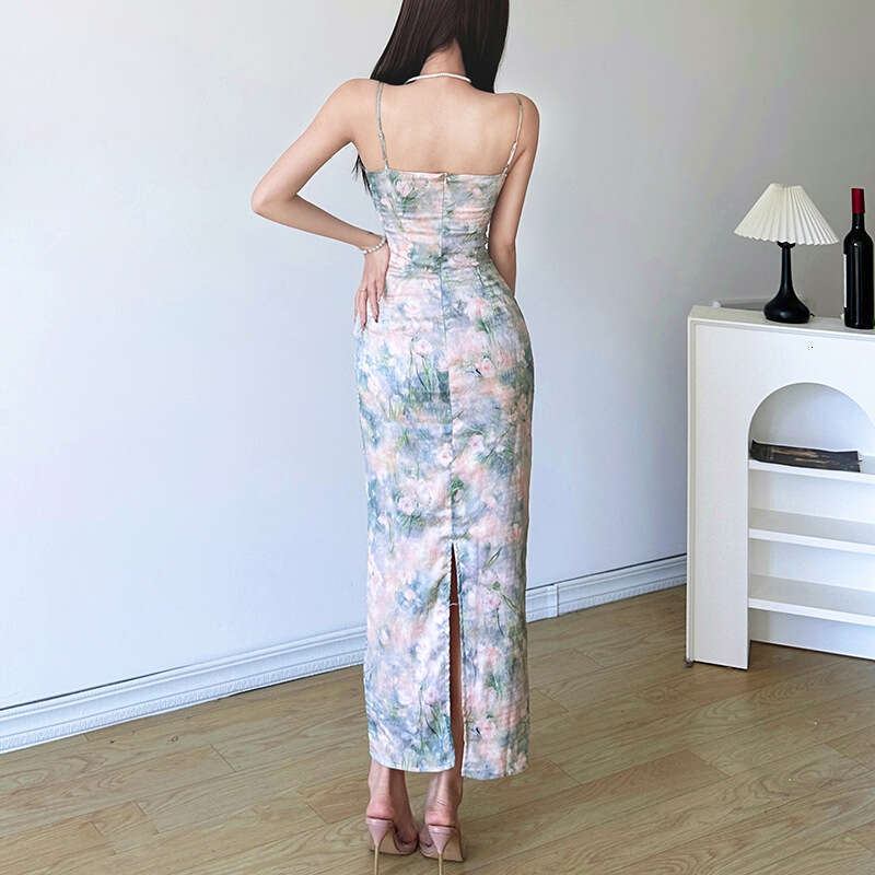 2024 Spring New Women's Solid Color Slim High Waist Fashion Strap Printed Split Dress 44c
