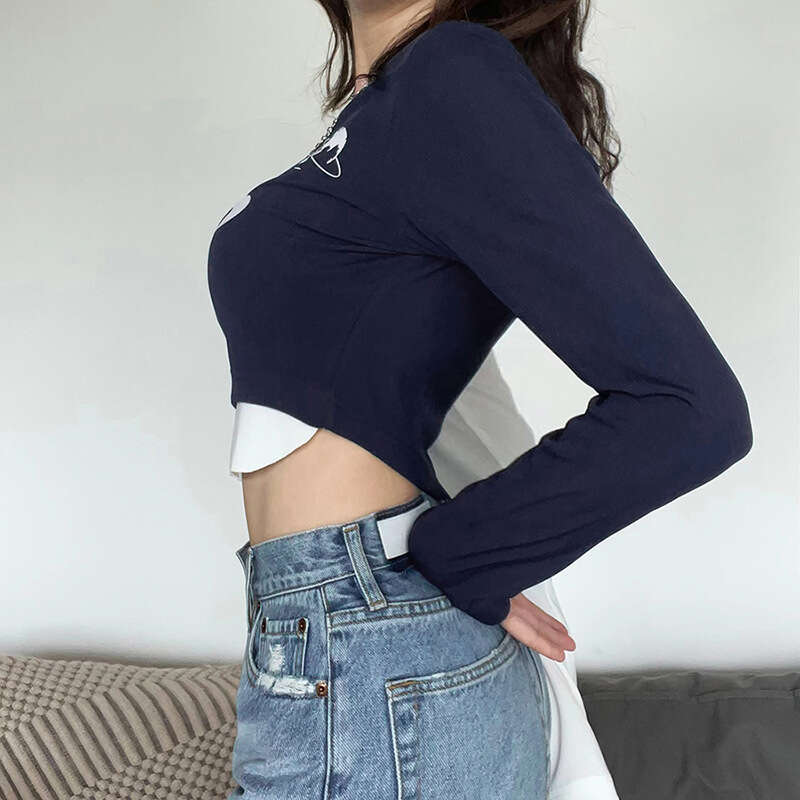 2022 Autumn New Women's Street Fashion Printed Long Sleeve Crop Top T-Shirt d85