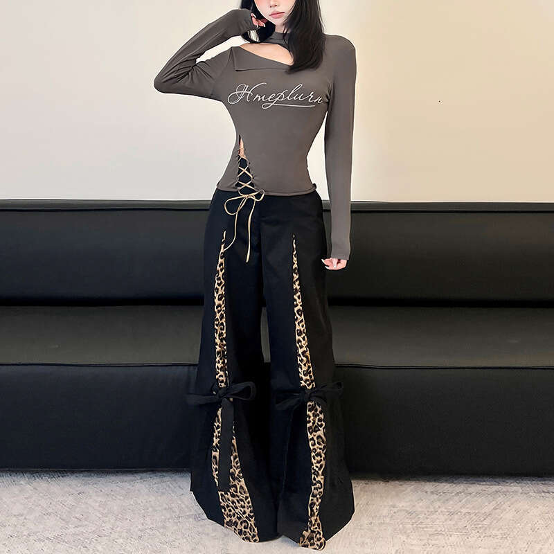2024 Autumn New Women's Solid Color Slim Street Fashion Asymmetrical Neck Long Sleeve Printed Top d97