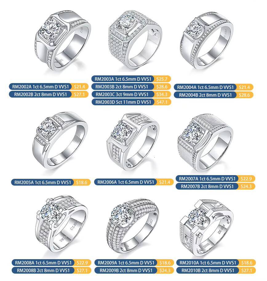 Fine Jewelry Engagement Ring Side Zircon Gemstones Men Silver Ring 925 D VVS 1ct 2ct Moissanite Diamond Men Ring