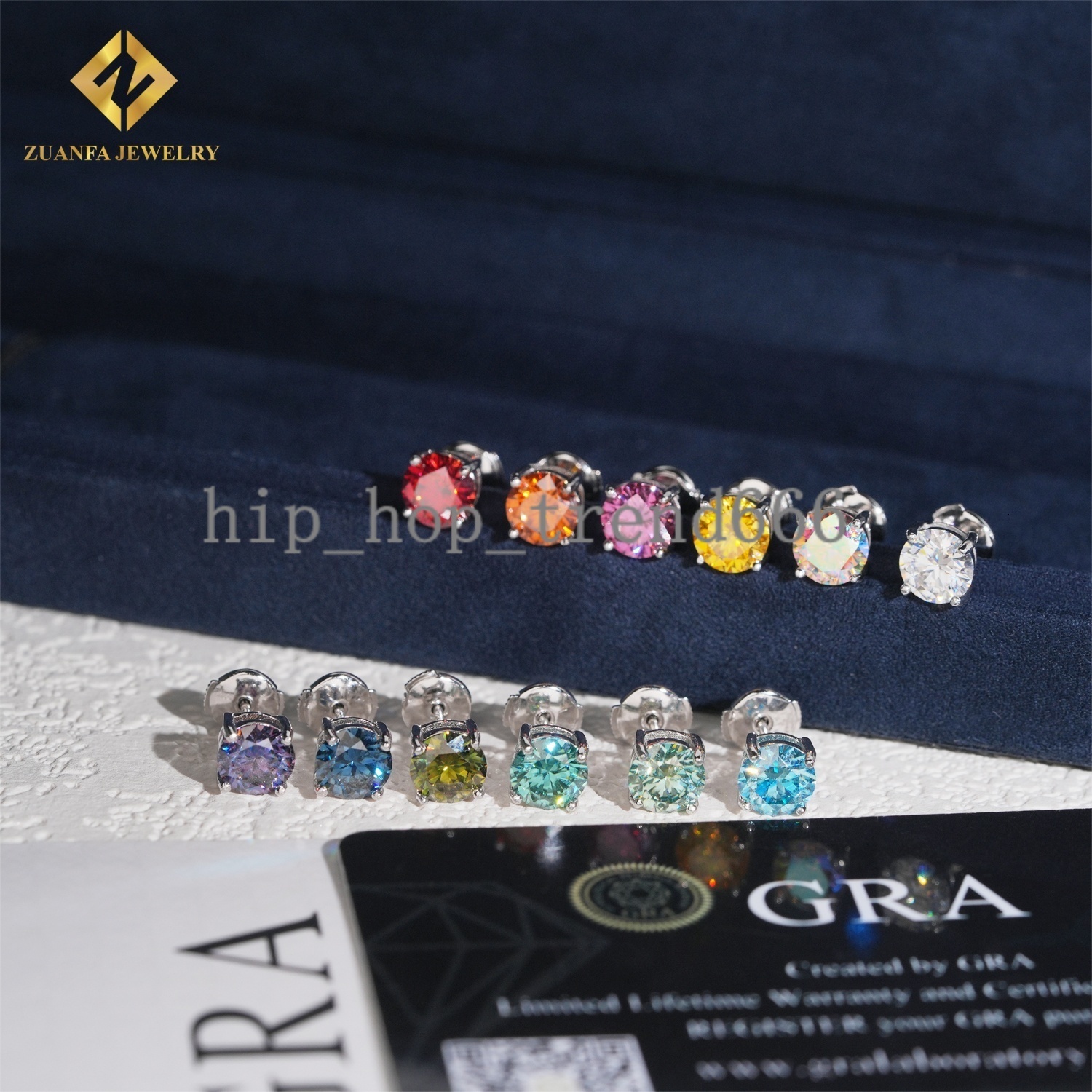 New Stock 12 Color Moissanite Diamond Stud Earring Iced Out 1ct Round Brilliant Cut 925 Silver Hip Hop Earrings