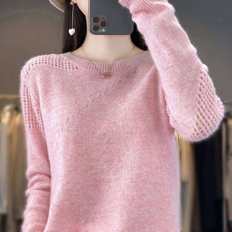 Autumn/Winter New 100% Pure Wool Sweater Casual Solid Color Knit Blouse Round Neck Hollow Tops Loose Fashion Ladies Pullover MDNG