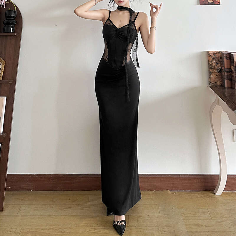 2024 Autumn Winter New Women's Solid Color Slim High Waist Fashion V-neck Strap Backless Dress 8e3