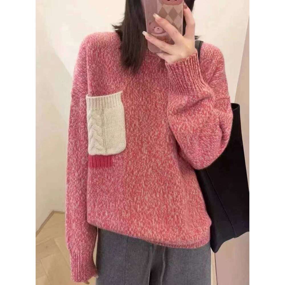 Women's Sweater Autumn/Winter New 100% Pure Cashmere Hoodie Casual Splicing Knitted Tops Thick Loose Round Neck Blouse MDNG