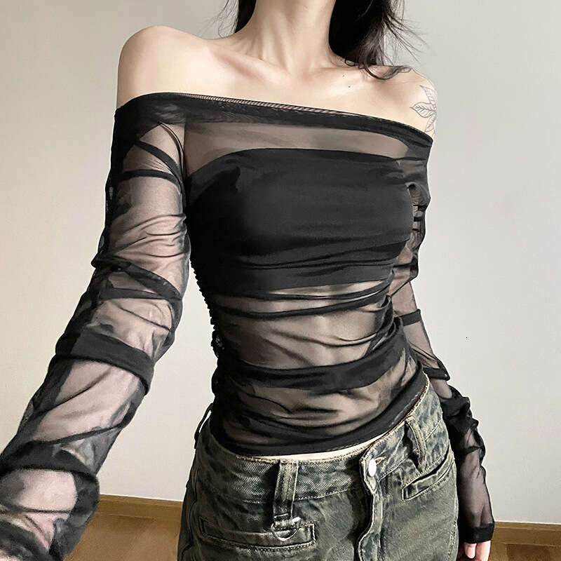 2023 Autumn New Women's Solid Color Slim Fit Street Fashion Off-Shoulder Backless Long Sleeve T-Shirt ef1