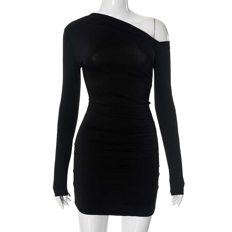 Qds375 Women's Autumn New Solid Color Long Sleeve One-Shoulder Asymmetrical Neck Sexy Bodycon Dress B5