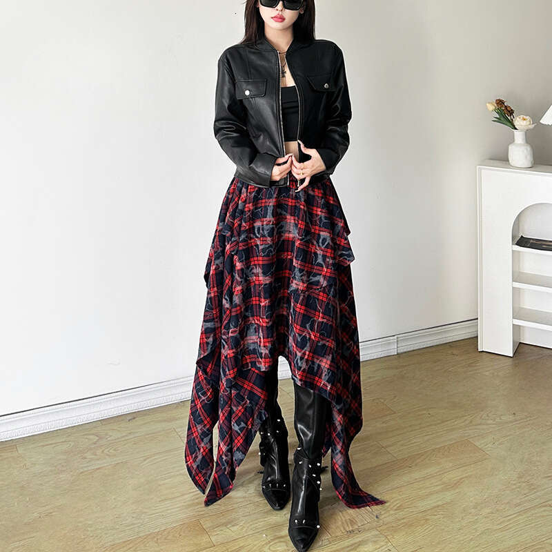 2024 Autumn New Women's Solid Color Zipper Long Sleeve Jacket Fashion High Waist Plaid Skirt 2ba