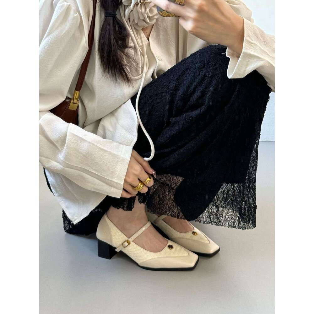 Camellia Single Women, Chunky Heel, Comfortable, Korean Style, Niche High Heels, Woven, High-End Feel, Versatile Shoes for Women