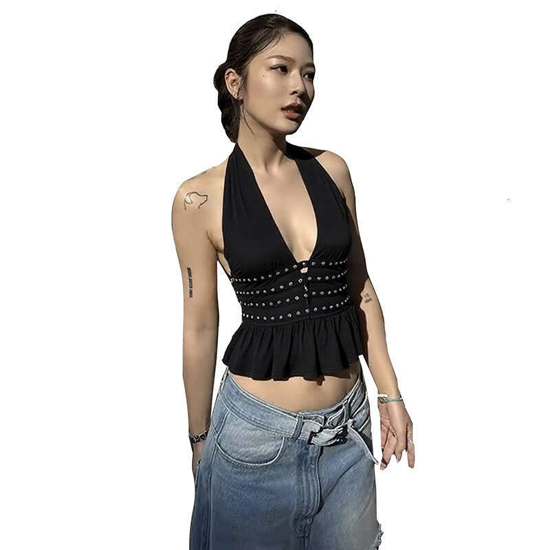 2025 Summer New Deep V Neck Sexy Hot Girl Slim Fit Versatile Hollow Out Backless Top Women's Clothing 15c
