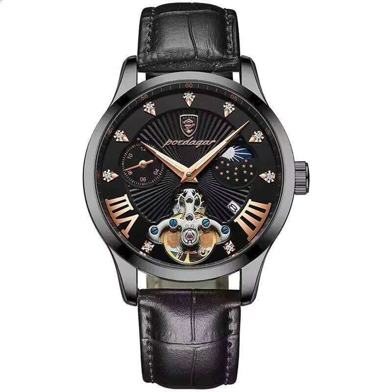 DHwatches POEDAGAR Men New Fashion Hollow Out Dial Mens Watches Leather Top Brand Sports Quartz Waterproof Wrist Watch