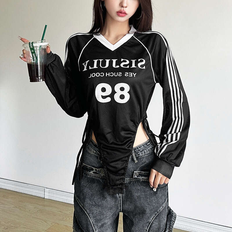 2024 Autumn New Women's Fashion Solid Color Slim Street Style V-Neck Long Sleeve Printed Top a5f