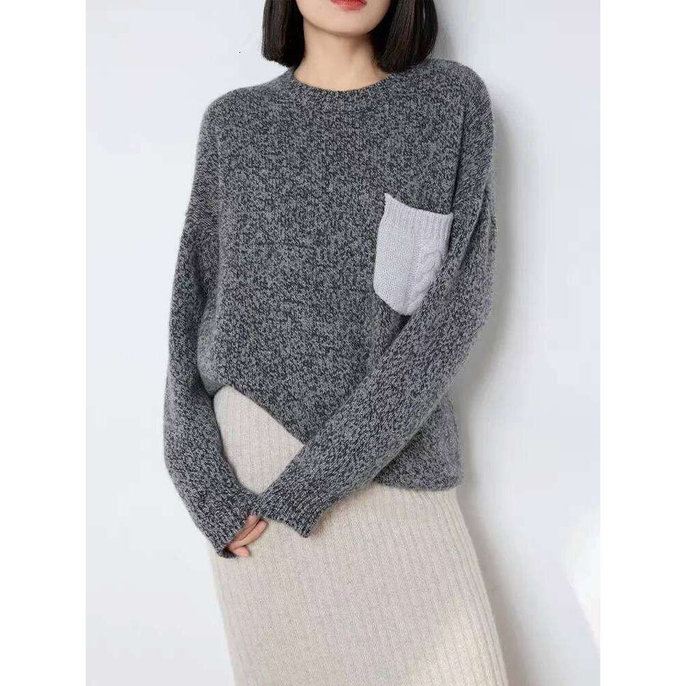 Women's Sweater Autumn/Winter New 100% Pure Cashmere Hoodie Casual Splicing Knitted Tops Thick Loose Round Neck Blouse MDNG