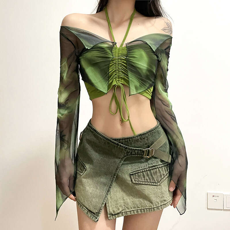2023 Summer New Fashion Printed Long Sleeve Blouse Halter Neck Tube Top Two-Piece Set for Women 33c