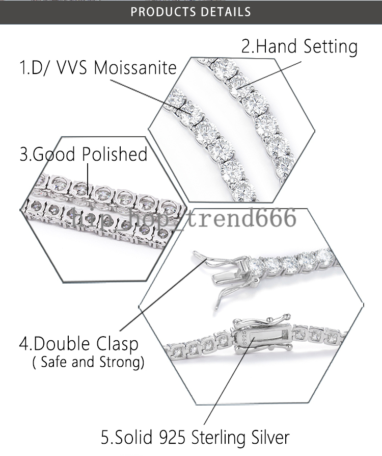 Fine Jewelry Hip Hop 2-5mm 925 Sterling Silver Pass Diamond Tester VVS Moissanite Iced Out Tennis Chain Bracelet for Men Women