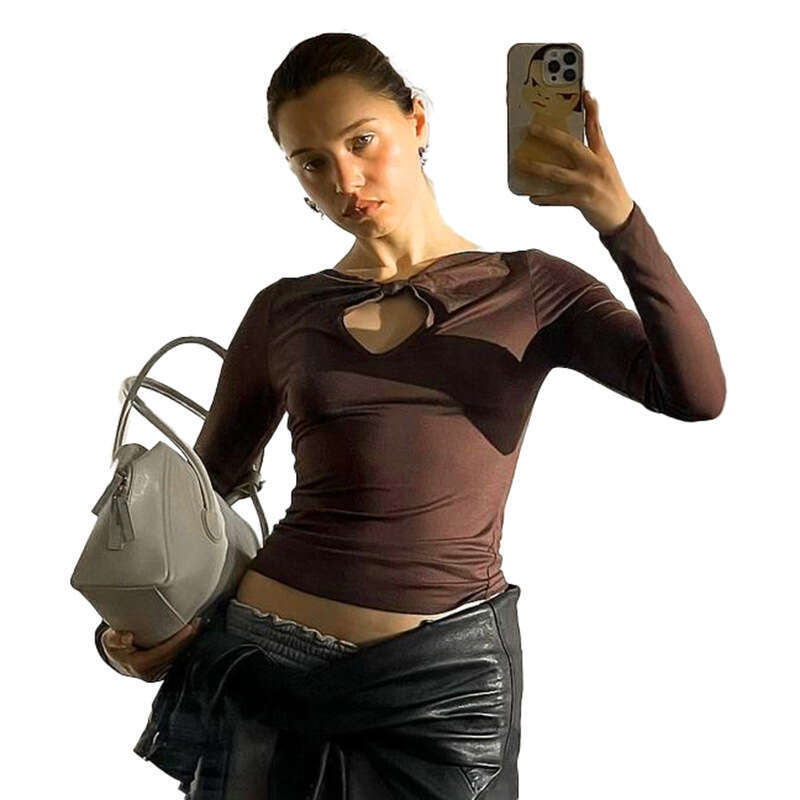 Qtp4 Women's Autumn New Solid Color Round Bow Collar Hollow Sexy Long Sleeve Top B5